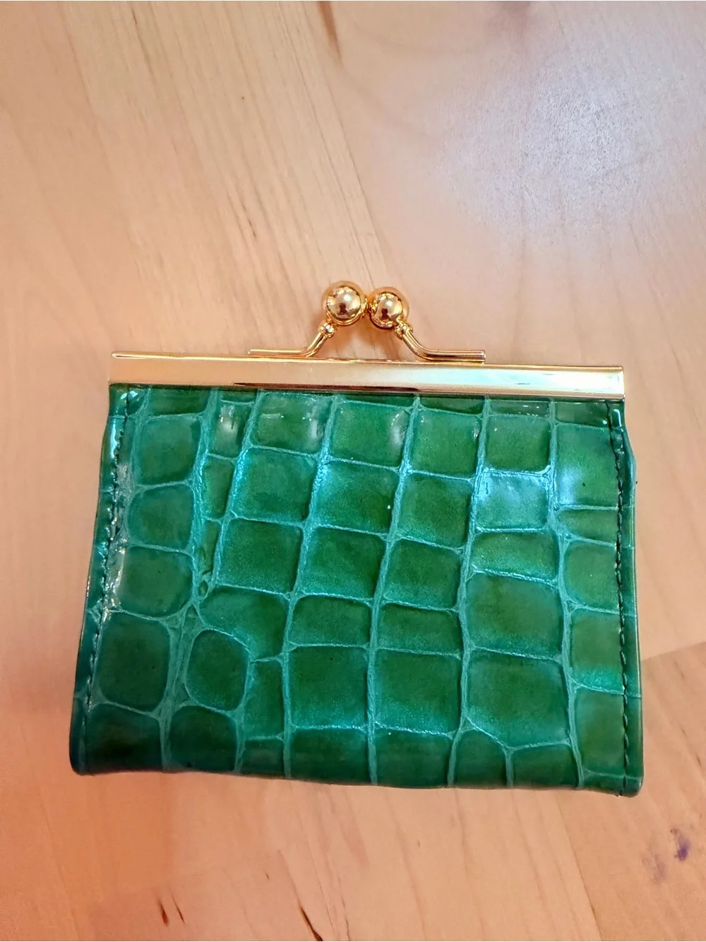 Vintage Abas Green Croc Embossed Leather Kiss Lock Frame Coin Purse Wallet